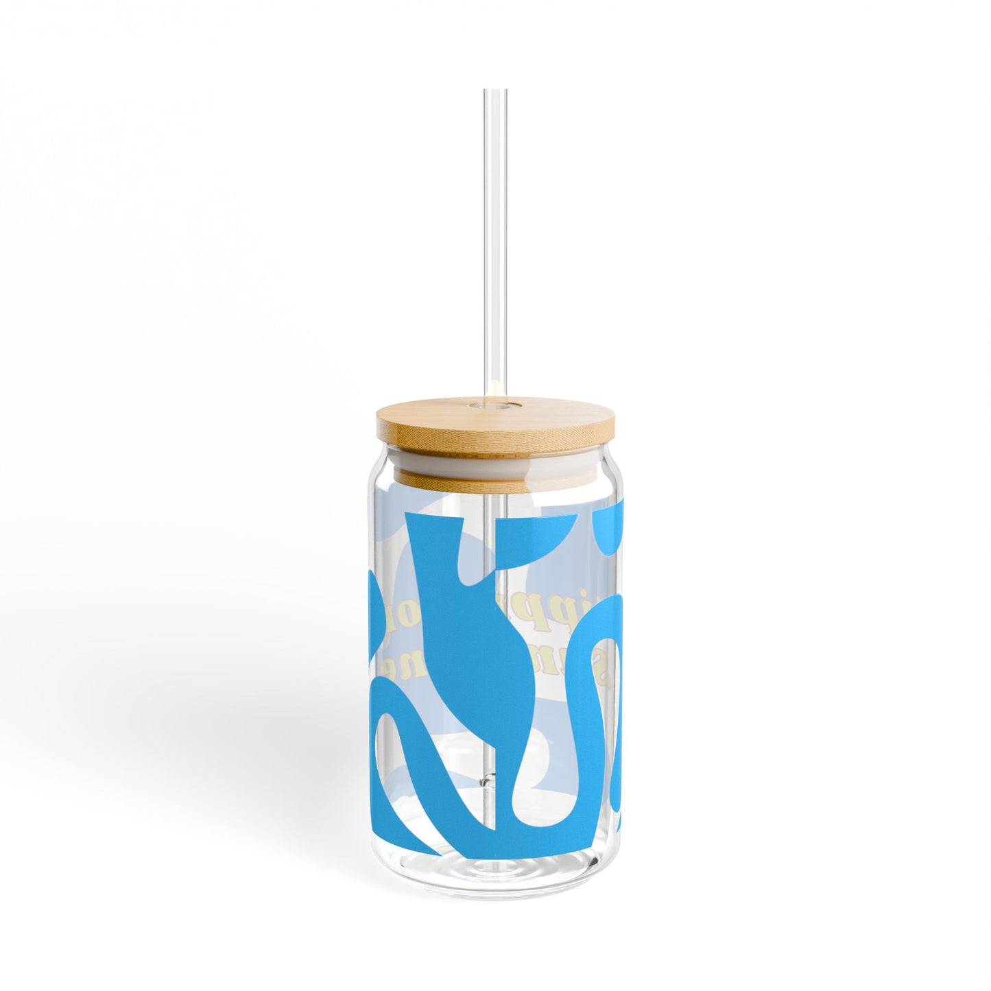 Clear tumbler with blue whale design, wooden lid, and straw