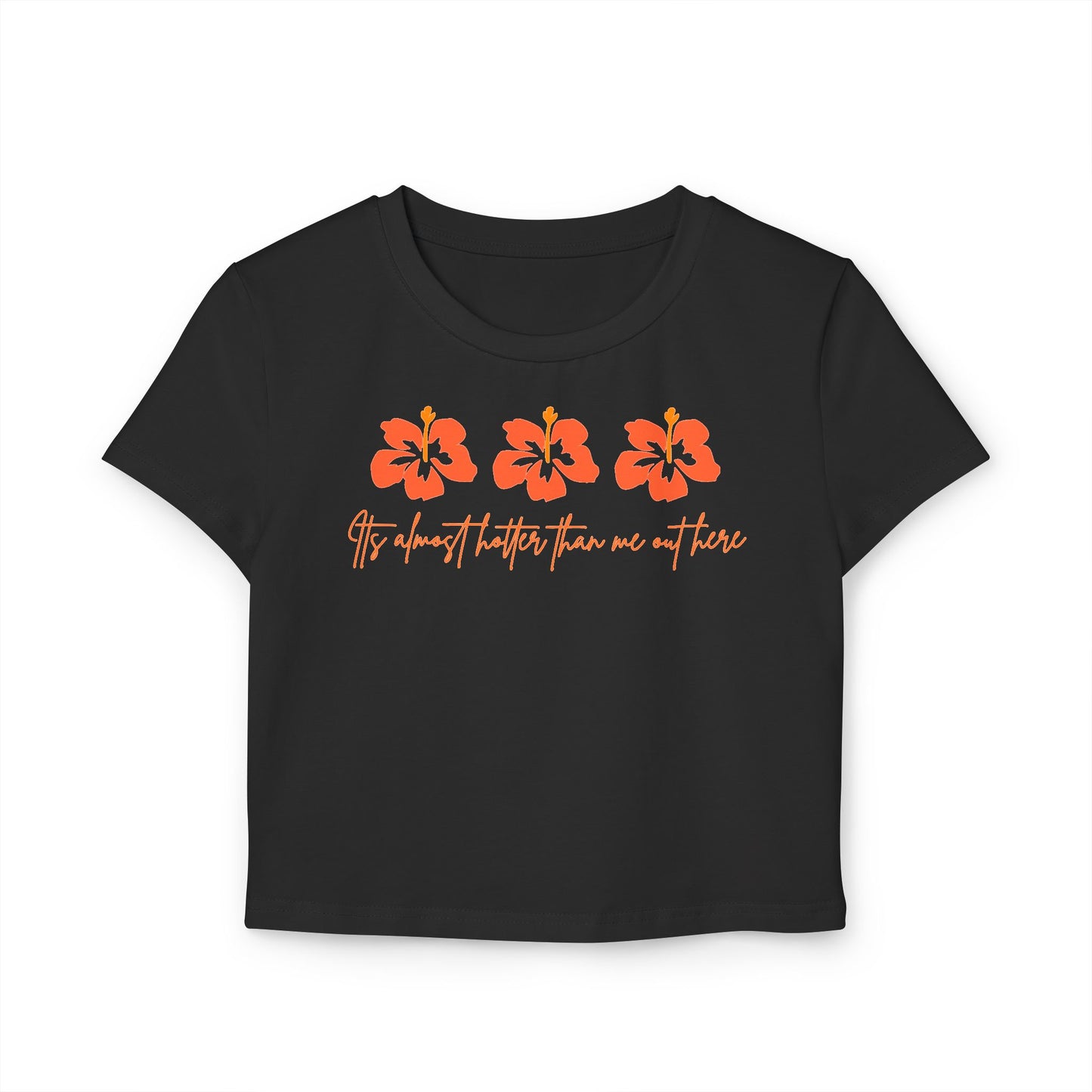 Black t-shirt with orange floral designs and text