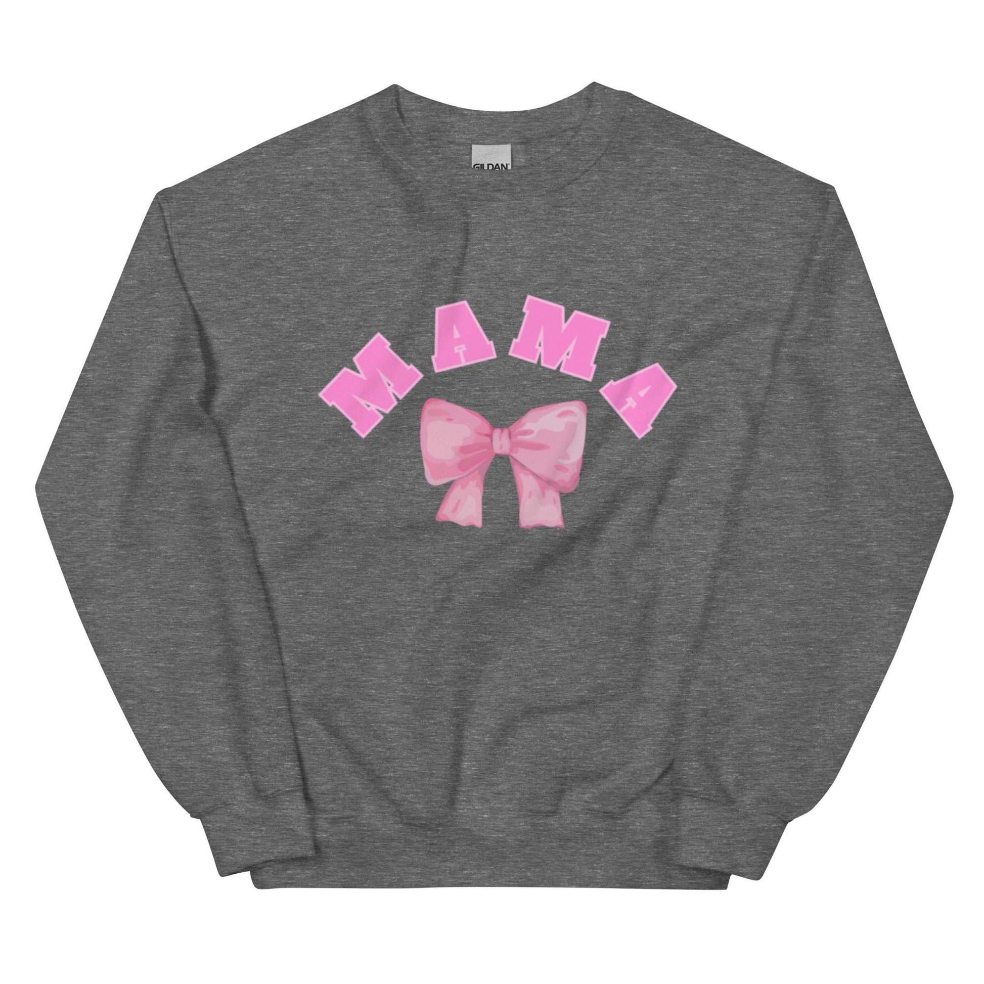 Gray sweatshirt with pink 'MAMA' and bow design