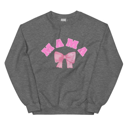 Gray sweatshirt with pink 'MAMA' and bow design